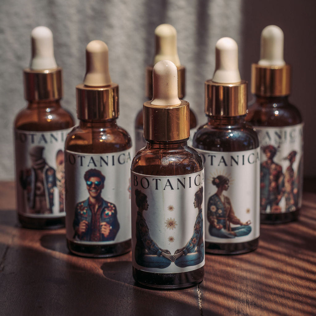 Six amber glass dropper bottles labeled 'BOTANIC' with white labels and gold caps, arranged on a wooden surface with a textured gray backdrop.